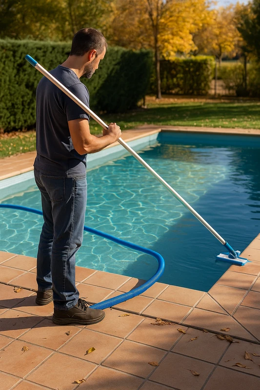 Limpieza de fondo con limpiafondos manual en otoño