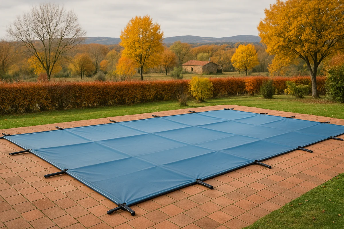 Piscina con cubierta opaca instalada para el invierno